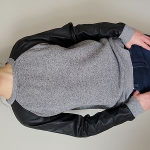 Aritzia Wilfred Free Crewneck Black Gray Sweater Faux Leather Raglan Sleeves